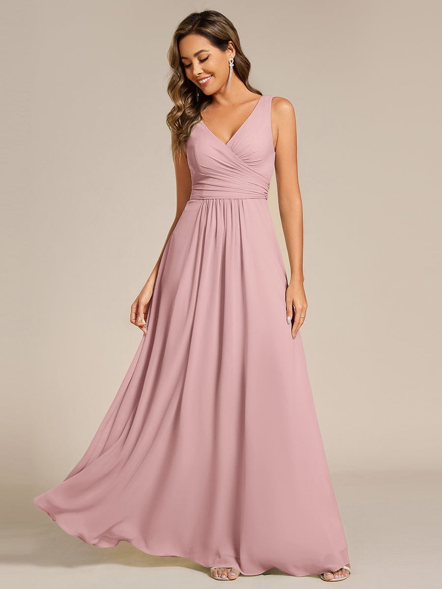 Strapless Pleated V-Neck A-Line Maxi Chiffon Bridesmaid Dress #color_Dusty Rose