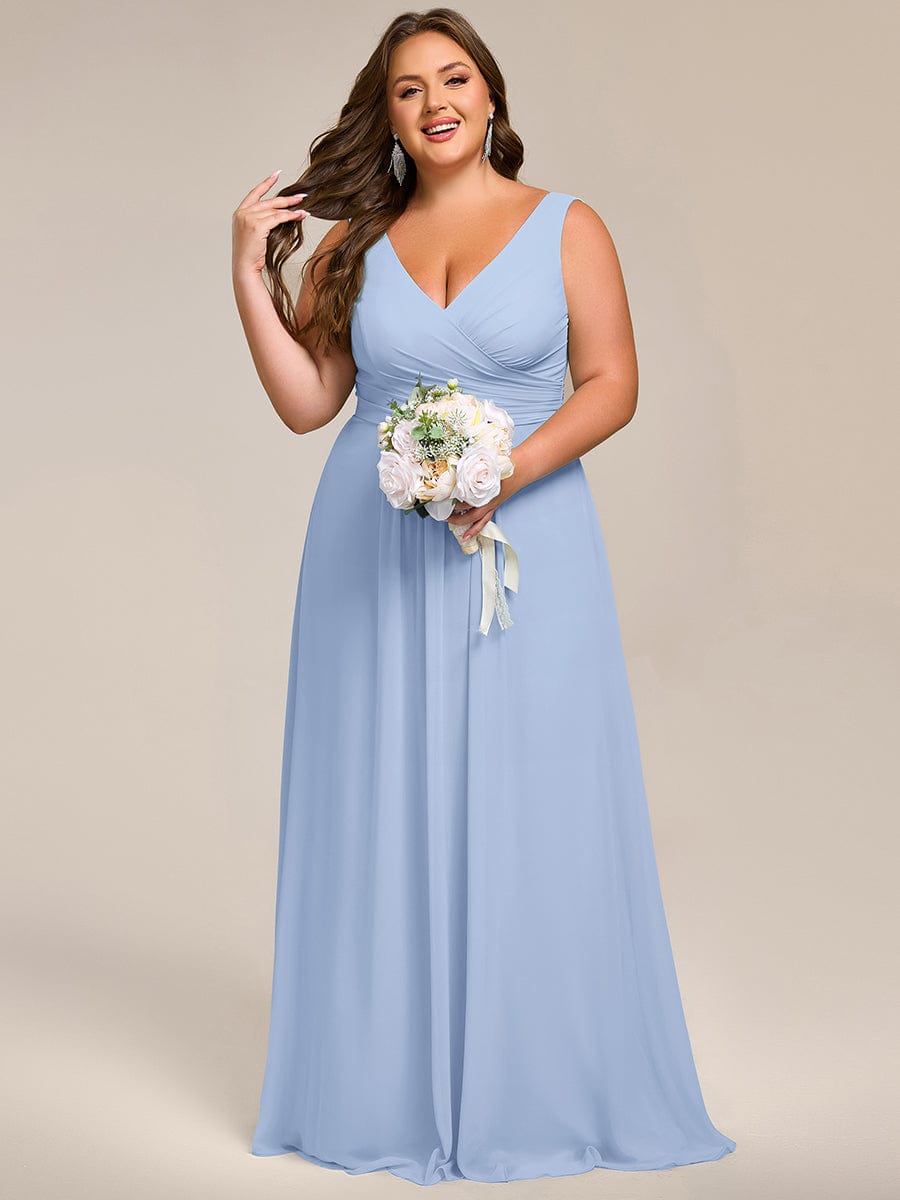 Strapless Pleated V-Neck A-Line Maxi Chiffon Bridesmaid Dress #color_Ice Blue