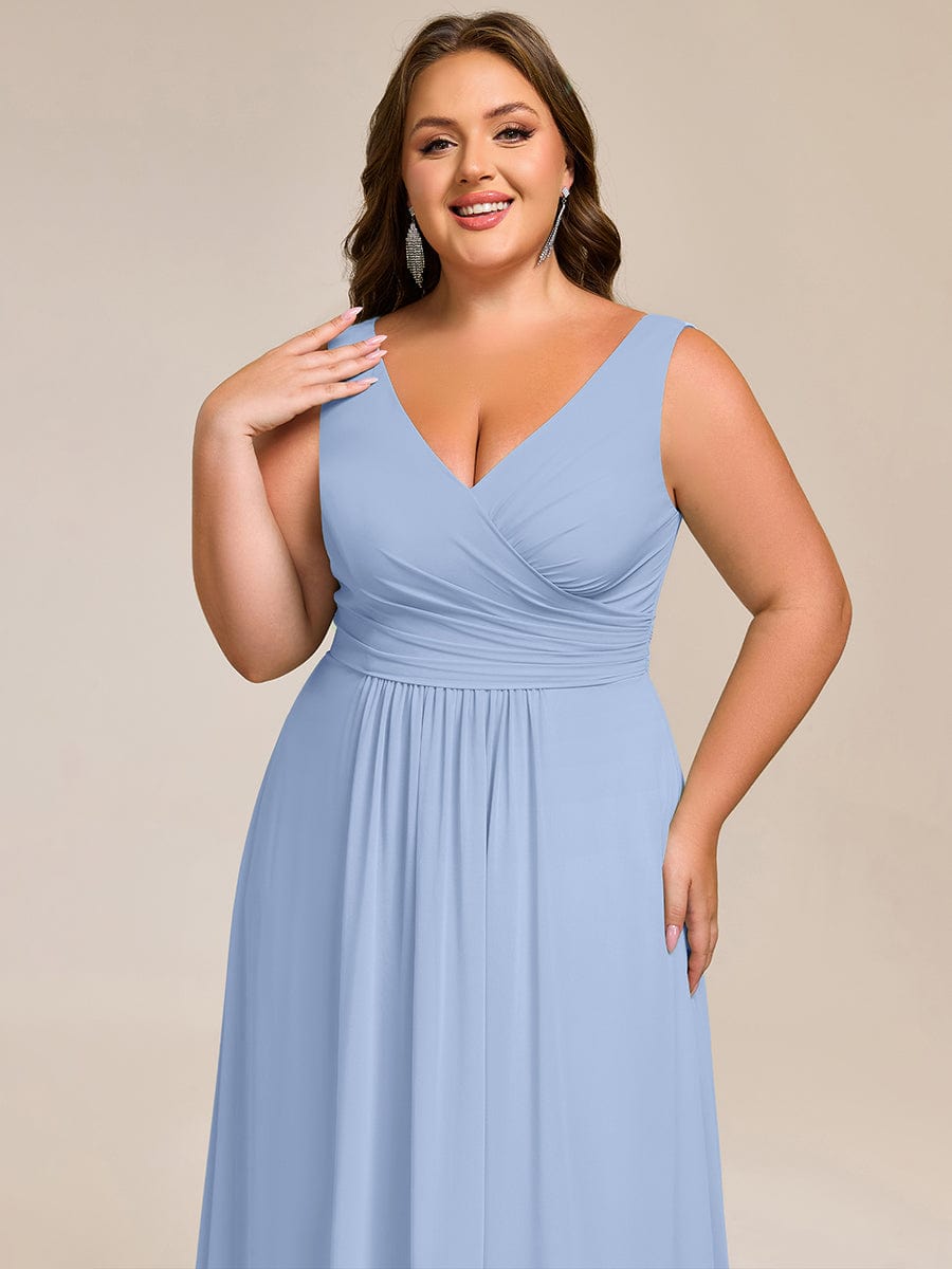 Strapless Pleated V-Neck A-Line Maxi Chiffon Bridesmaid Dress #color_Ice Blue