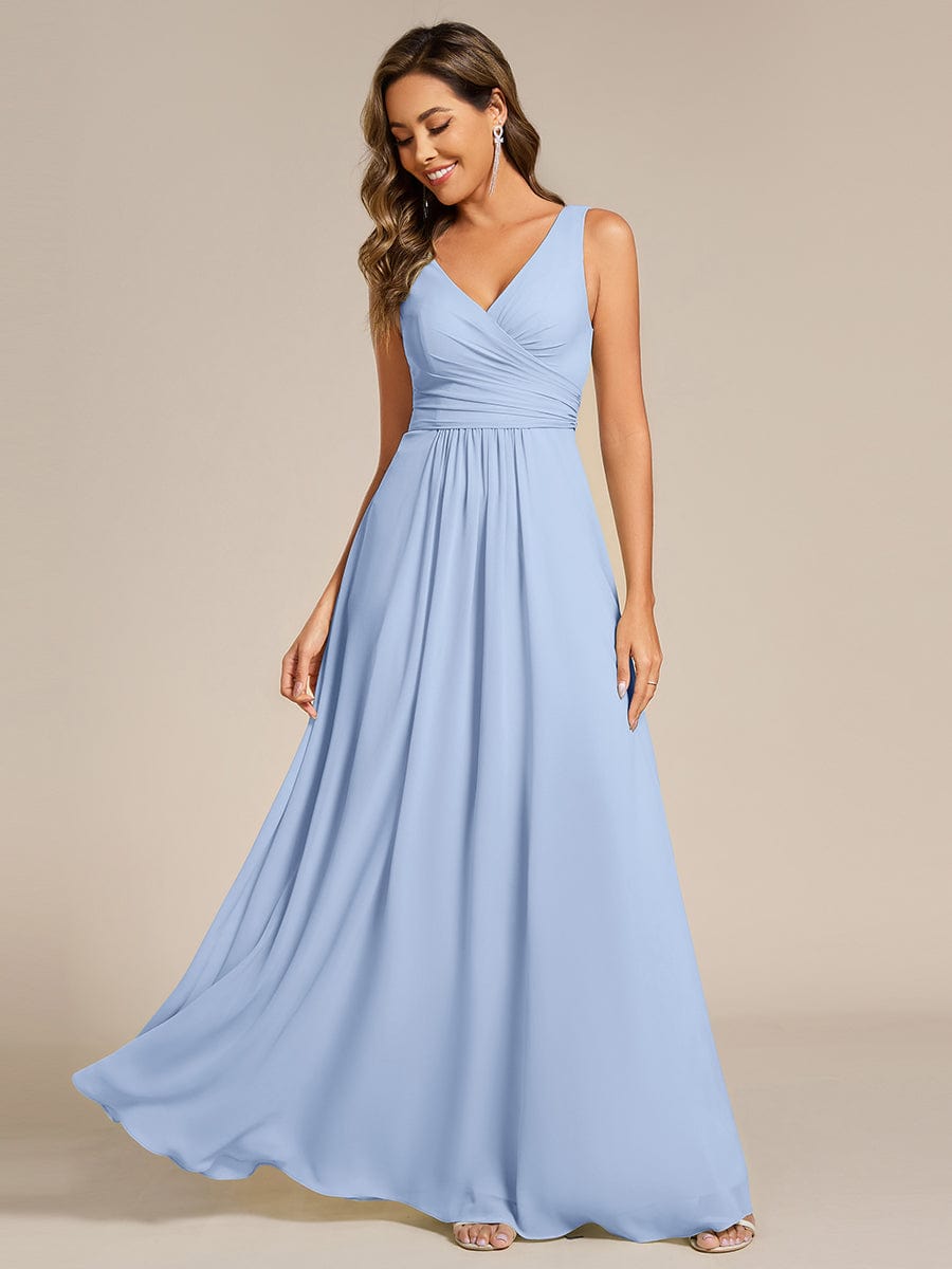 Strapless Pleated V-Neck A-Line Maxi Chiffon Bridesmaid Dress #color_Ice Blue