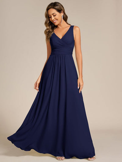 Strapless Pleated V-Neck A-Line Maxi Chiffon Bridesmaid Dress #color_Navy Blue