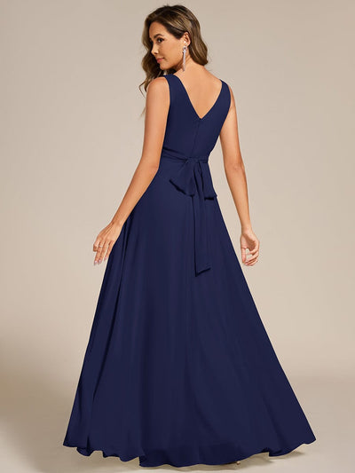Strapless Pleated V-Neck A-Line Maxi Chiffon Bridesmaid Dress #color_Navy Blue