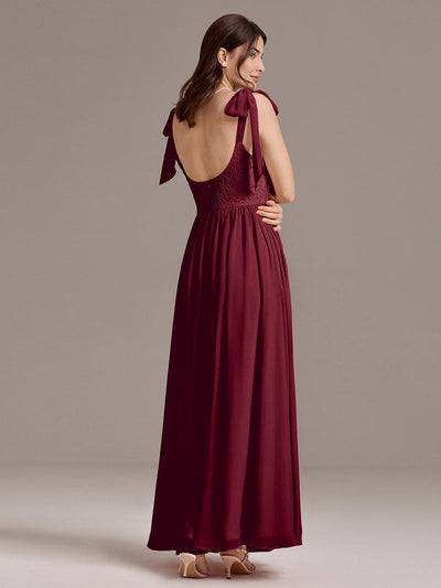 Chiffon Sweetheart Neck Bow Tie Backless A-Line Lace Bridesmaid Dress #color_Burgundy