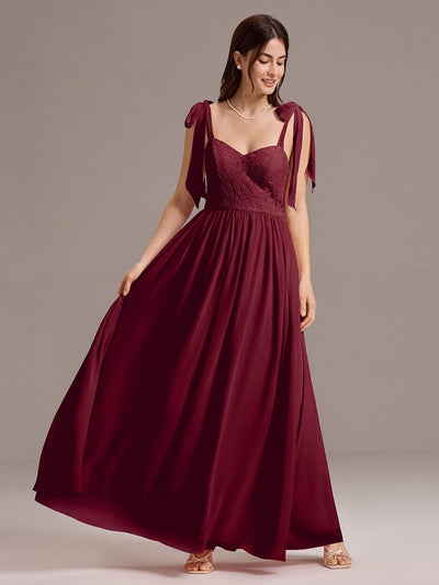 Chiffon Sweetheart Neck Bow Tie Backless A-Line Lace Bridesmaid Dress #color_Burgundy