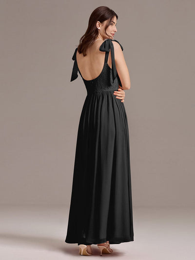 Chiffon Sweetheart Neck Bow Tie Backless A-Line Lace Bridesmaid Dress #color_Black