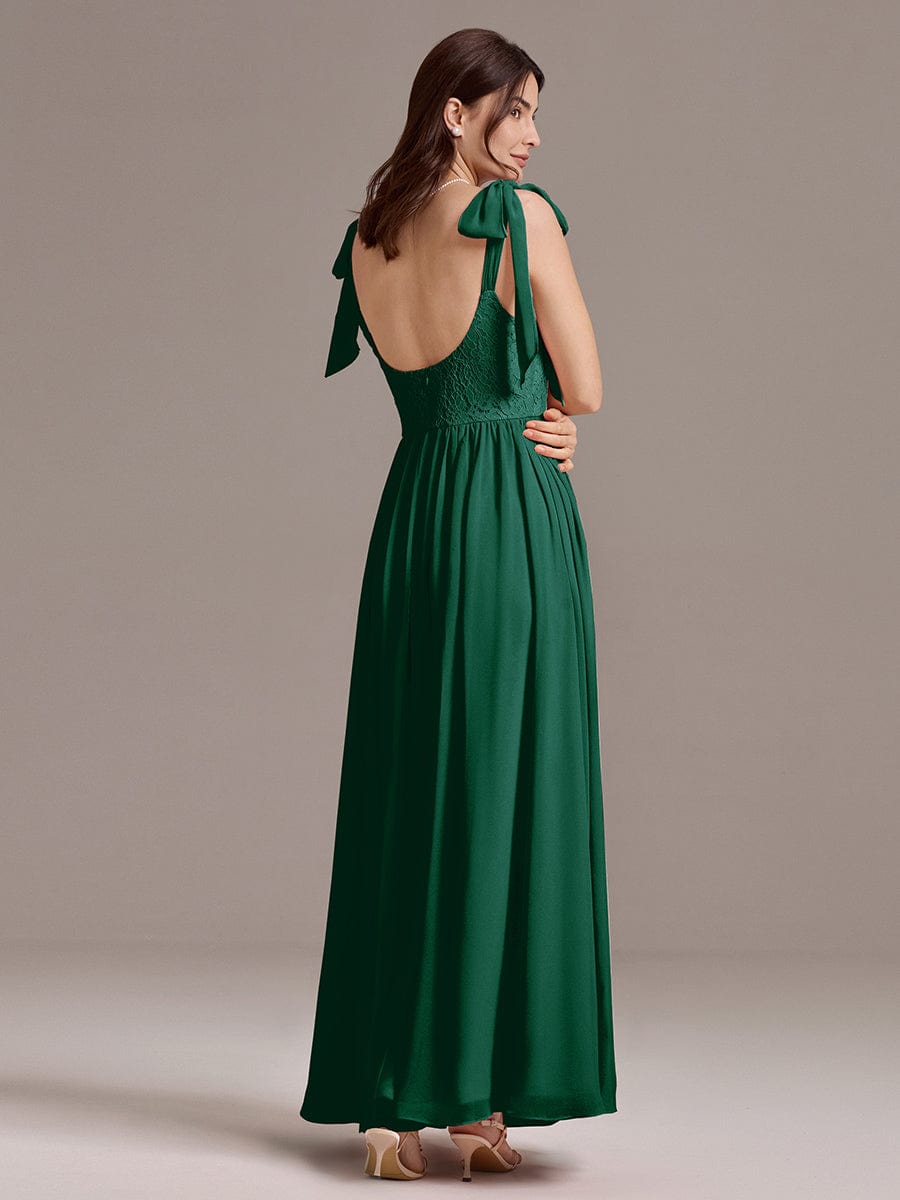 Chiffon Sweetheart Neck Bow Tie Backless A-Line Lace Bridesmaid Dress #color_Dark Green