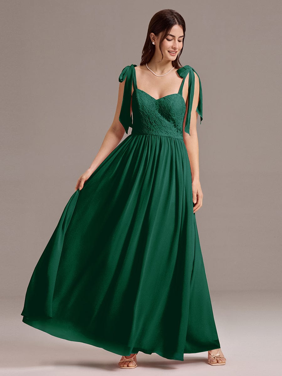Chiffon Sweetheart Neck Bow Tie Backless A-Line Lace Bridesmaid Dress #color_Dark Green