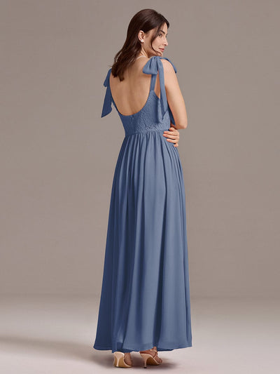 Chiffon Sweetheart Neck Bow Tie Backless A-Line Lace Bridesmaid Dress #color_Dusty Blue