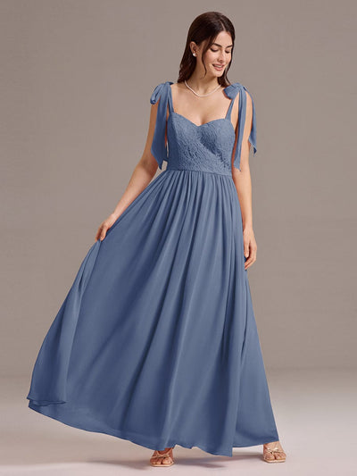 Chiffon Sweetheart Neck Bow Tie Backless A-Line Lace Bridesmaid Dress #color_Dusty Blue