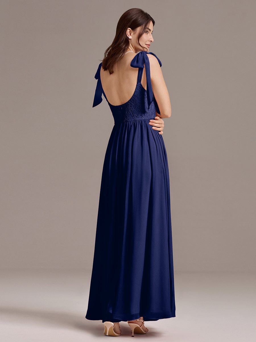 Chiffon Sweetheart Neck Bow Tie Backless A-Line Lace Bridesmaid Dress #color_Navy Blue