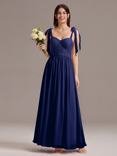 Chiffon Sweetheart Neck Bow Tie Backless A-Line Lace Bridesmaid Dress #color_Navy Blue