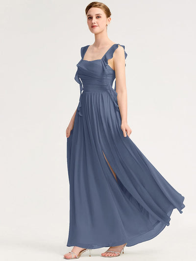 Flowing Ribbon Chiffon Bridesmaid dress #color_Dusty Blue