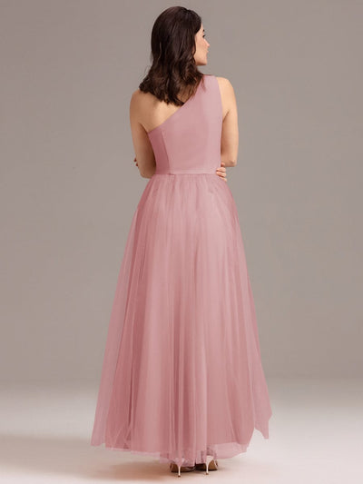 Chic A-Line One-Shoulder Tulle Maxi Bridesmaid Dress #color_Dusty Rose
