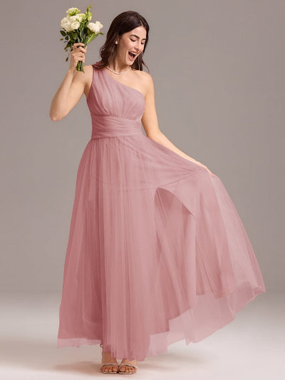 Chic A-Line One-Shoulder Tulle Maxi Bridesmaid Dress #color_Dusty Rose