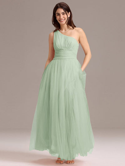 Chic A-Line One-Shoulder Tulle Maxi Bridesmaid Dress #color_Mint Green