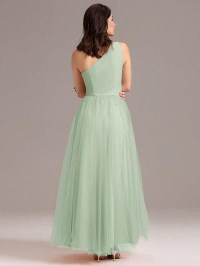 Chic A-Line One-Shoulder Tulle Maxi Bridesmaid Dress #color_Mint Green