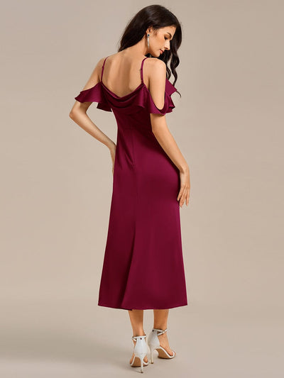 Ruffled Off Shoulder Satin Midi Mermaid Bridesmaid Dress #color_Burgundy