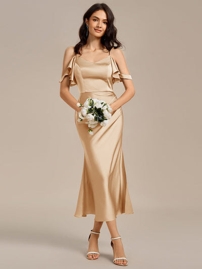 Ruffled Off Shoulder Satin Midi Mermaid Bridesmaid Dress #color_Champagne