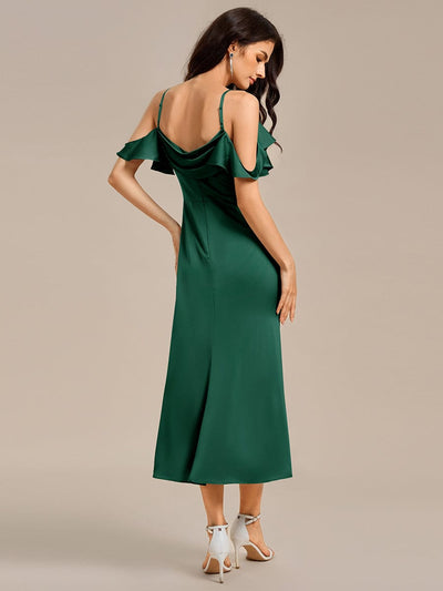 Ruffled Off Shoulder Satin Midi Mermaid Bridesmaid Dress #color_Dark Green