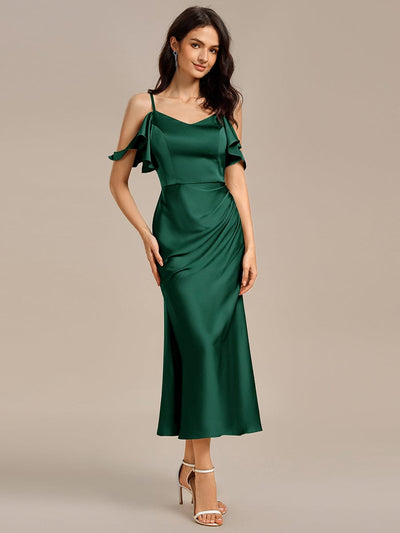 Ruffled Off Shoulder Satin Midi Mermaid Bridesmaid Dress #color_Dark Green
