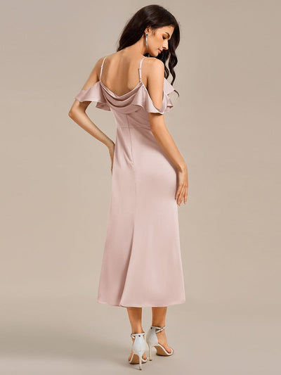 Ruffled Off Shoulder Satin Midi Mermaid Bridesmaid Dress #color_Pink