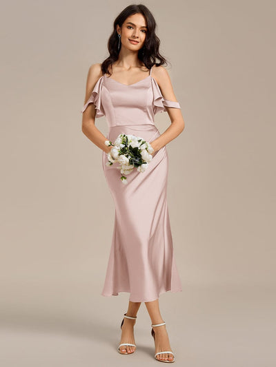 Ruffled Off Shoulder Satin Midi Mermaid Bridesmaid Dress #color_Pink