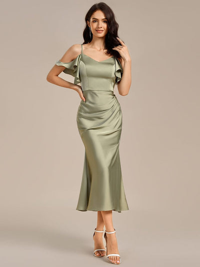 Ruffled Off Shoulder Satin Midi Mermaid Bridesmaid Dress #color_Sage Green