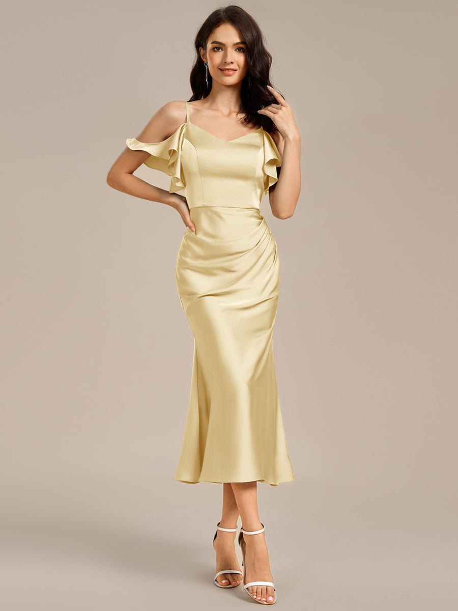 Ruffled Off Shoulder Satin Midi Mermaid Bridesmaid Dress #color_Yellow