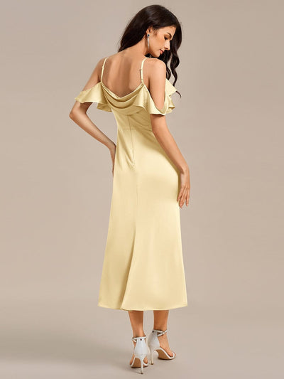Ruffled Off Shoulder Satin Midi Mermaid Bridesmaid Dress #color_Yellow