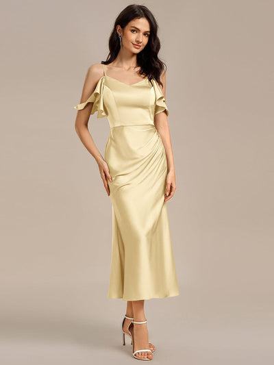 Ruffled Off Shoulder Satin Midi Mermaid Bridesmaid Dress #color_Yellow