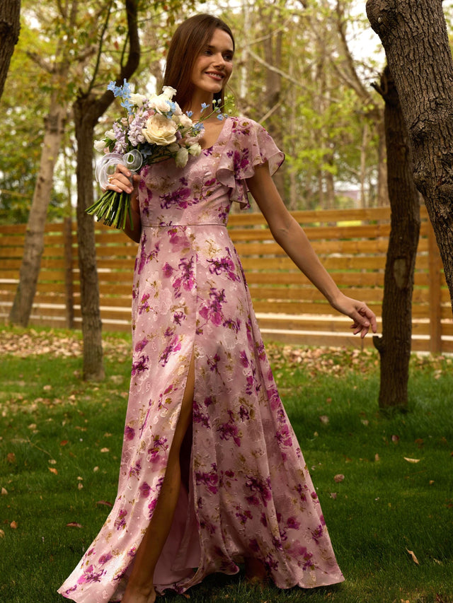 ever WISTERIA|Floral Print Flutter Sleeve Side Split Maxi Formal Dress Fan Photos 2
