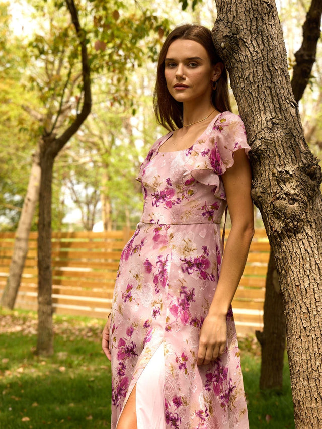 ever WISTERIA|Floral Print Flutter Sleeve Side Split Maxi Formal Dress Fan Photos 3
