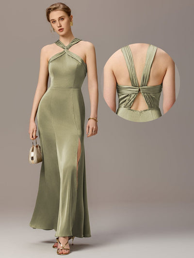 Satin Cross Halter Sleeveless Maxi Bridesmaid Dress #color_Sage Green