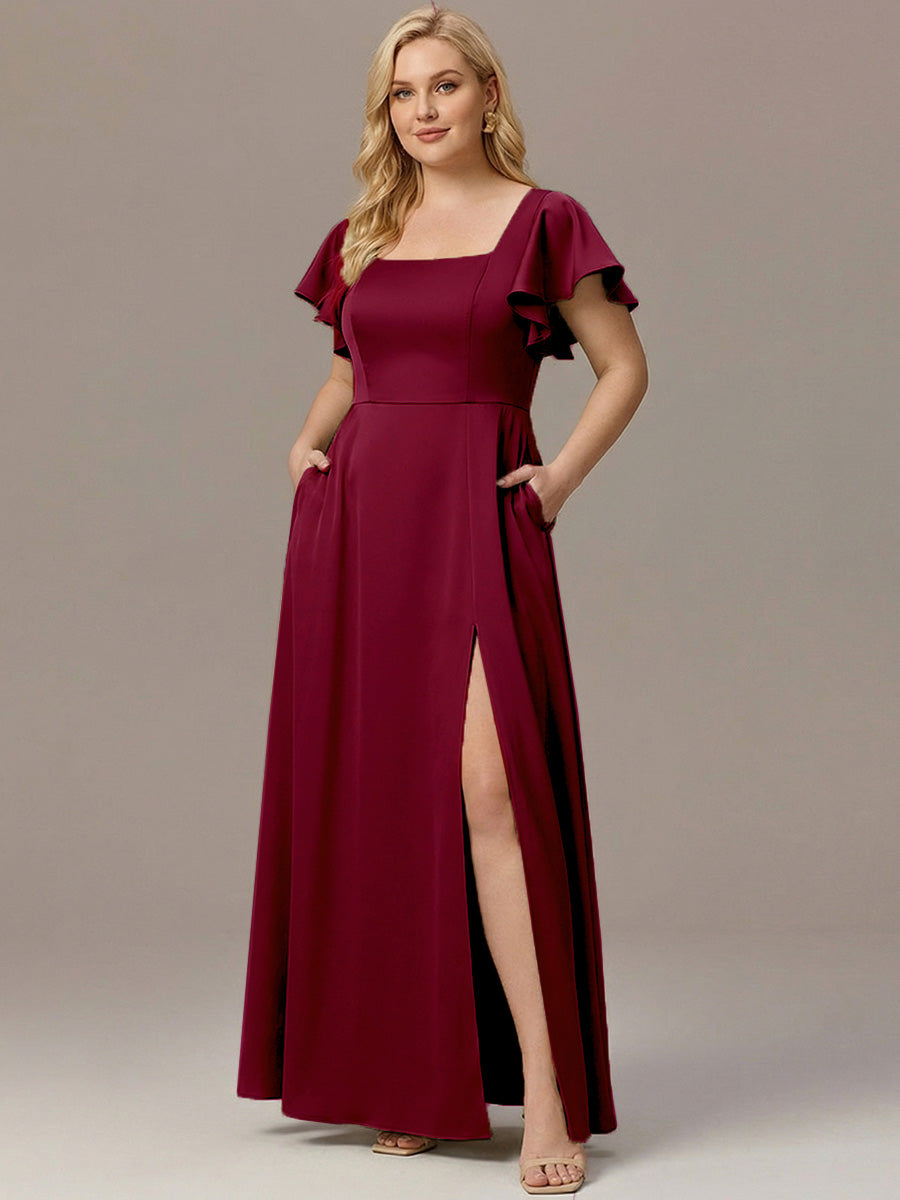 Plus Size Square Neck Flutter Sleeve Maxi Bridesmaid Dress with Pockets #color_Burgundy