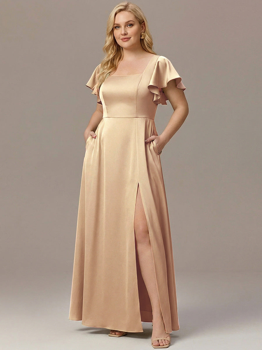 Plus Size Square Neck Flutter Sleeve Maxi Bridesmaid Dress with Pockets #color_Champagne