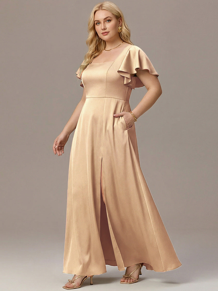 Plus Size Square Neck Flutter Sleeve Maxi Bridesmaid Dress with Pockets #color_Champagne