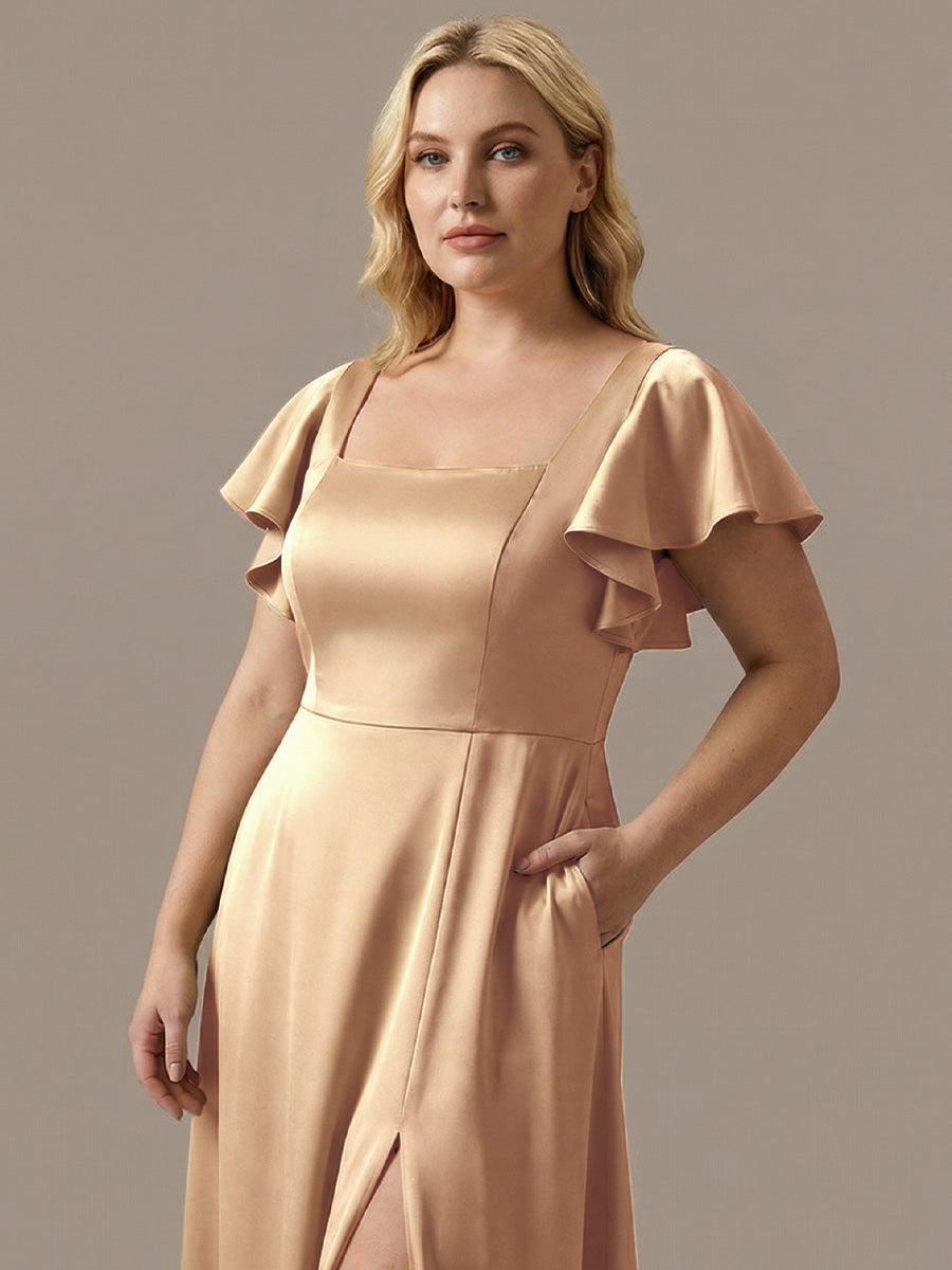 Satin Square Neck Short Sleeve Ruffled Maxi Bridesmaid Dress #color_Champagne