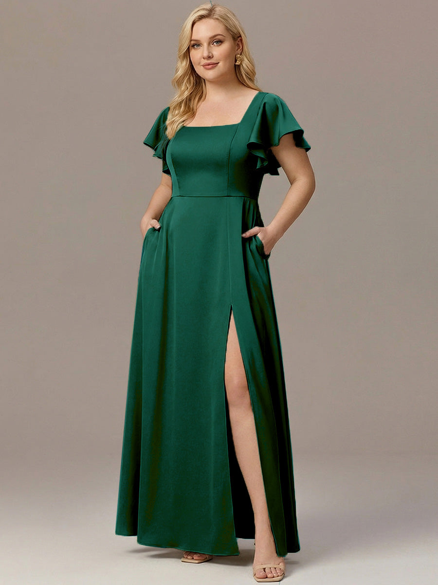 Elegant Satin Square Neck Ruffled Maxi Bridesmaid Dress with Pockets