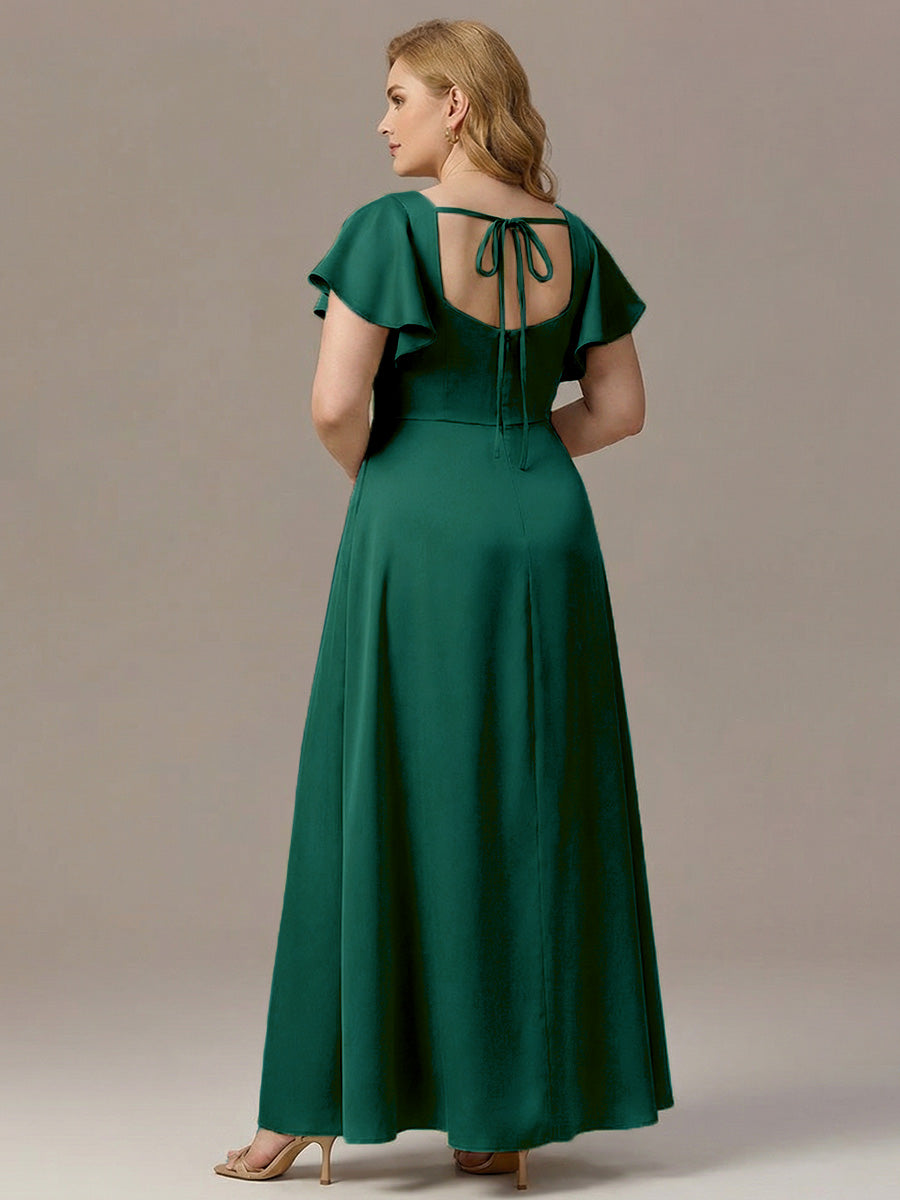 Satin Square Neck Short Sleeve Ruffled Maxi Bridesmaid Dress #color_Dark Green