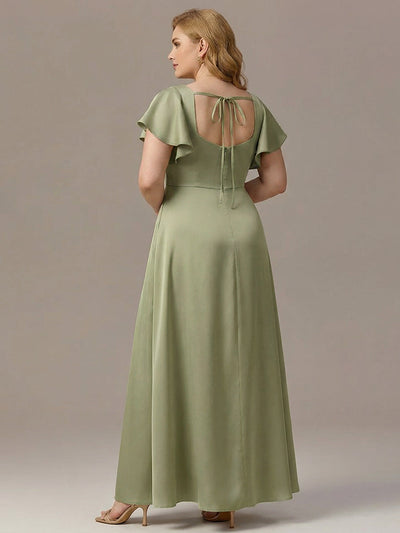 Plus Size Square Neck Flutter Sleeve Maxi Bridesmaid Dress with Pockets #color_Sage Green