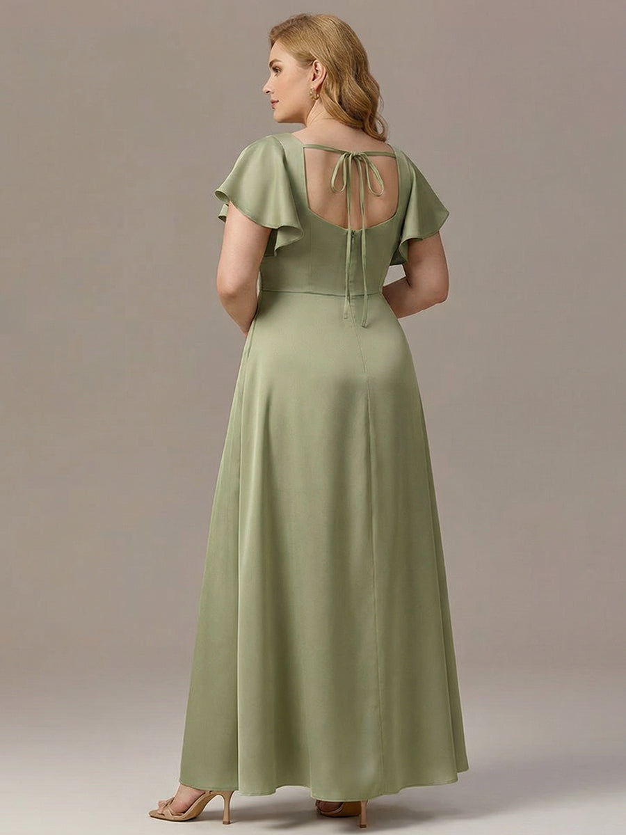 Plus Size Square Neck Flutter Sleeve Maxi Bridesmaid Dress with Pockets #color_Sage Green