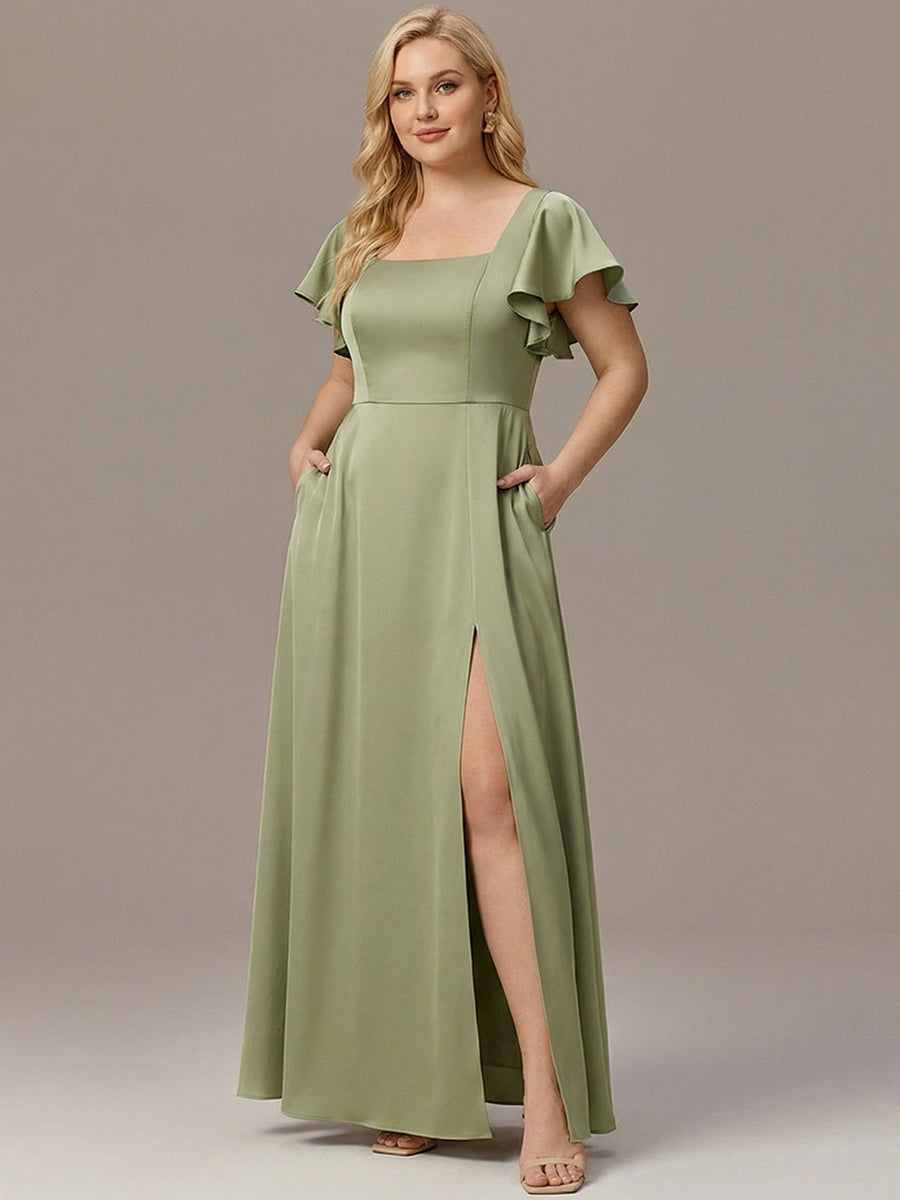 Plus Size Square Neck Flutter Sleeve Maxi Bridesmaid Dress with Pockets #color_Sage Green