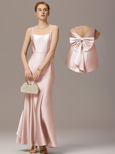 Mermaid Bow Stretch Satin Maxi Bridesmaid Dress #color_Pink