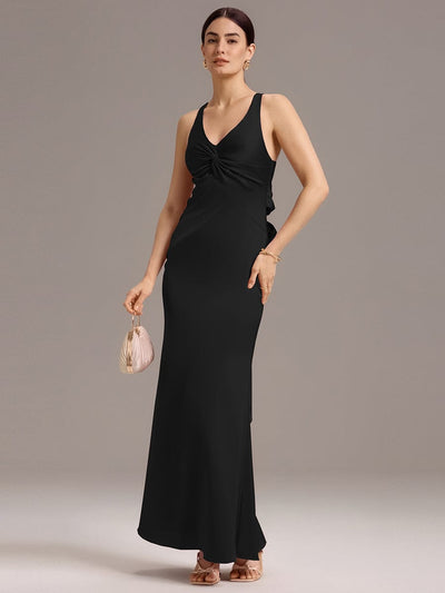 Elegant Strappy Bow Back Satin Mermaid Bridesmaid Dress #color_Black