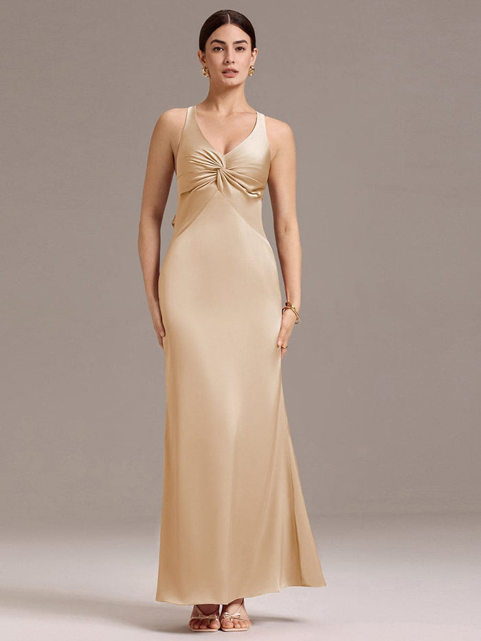 Deep V-Neck Bow Acetate Satin Bridesmaid Dress With Drop Train - Grey main image 0