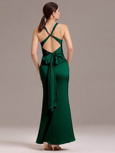 Elegant Strappy Bow Back Satin Mermaid Bridesmaid Dress #color_Dark Green