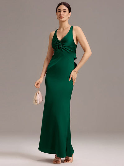 Elegant Strappy Bow Back Satin Mermaid Bridesmaid Dress #color_Dark Green
