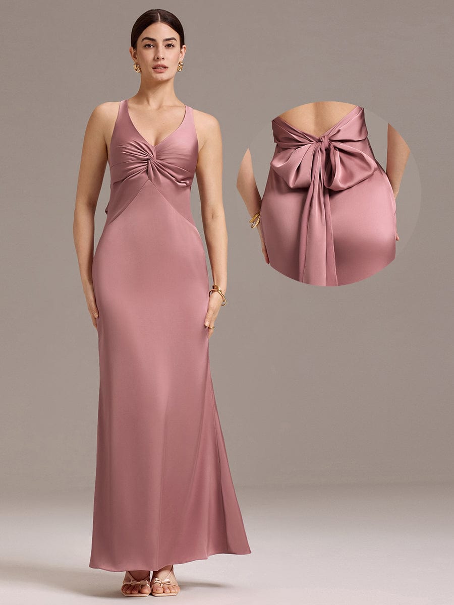 Ever-Pretty Satin Mermaid Bridesmaid Dress with V-Neck and Strappy Bow Back