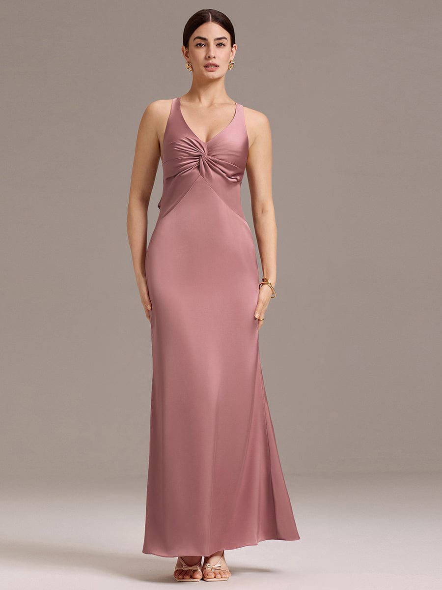 strappy bridesmaid dress Satin Mermaid with V-Neck and Bow Back Flowy