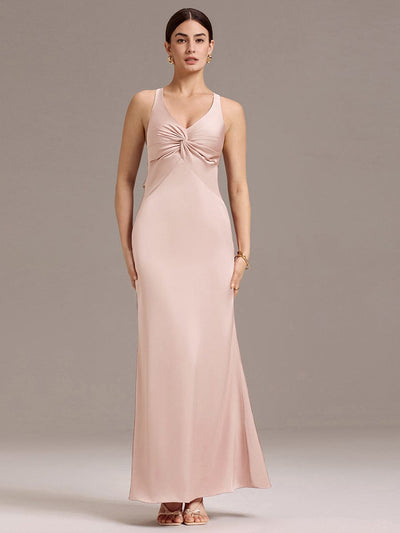 Elegant Strappy Bow Back Satin Mermaid Bridesmaid Dress #color_Pink